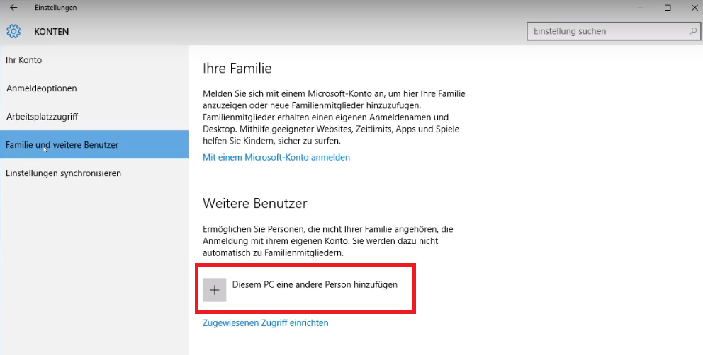Windows 10 Benutzerkonto Hinzufuegen
